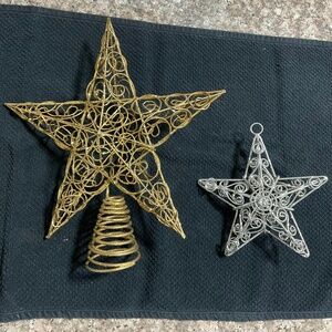 Gold Wire Tree Topper & Silver Star Ornament Set – Glitter Swirl Metal Holiday